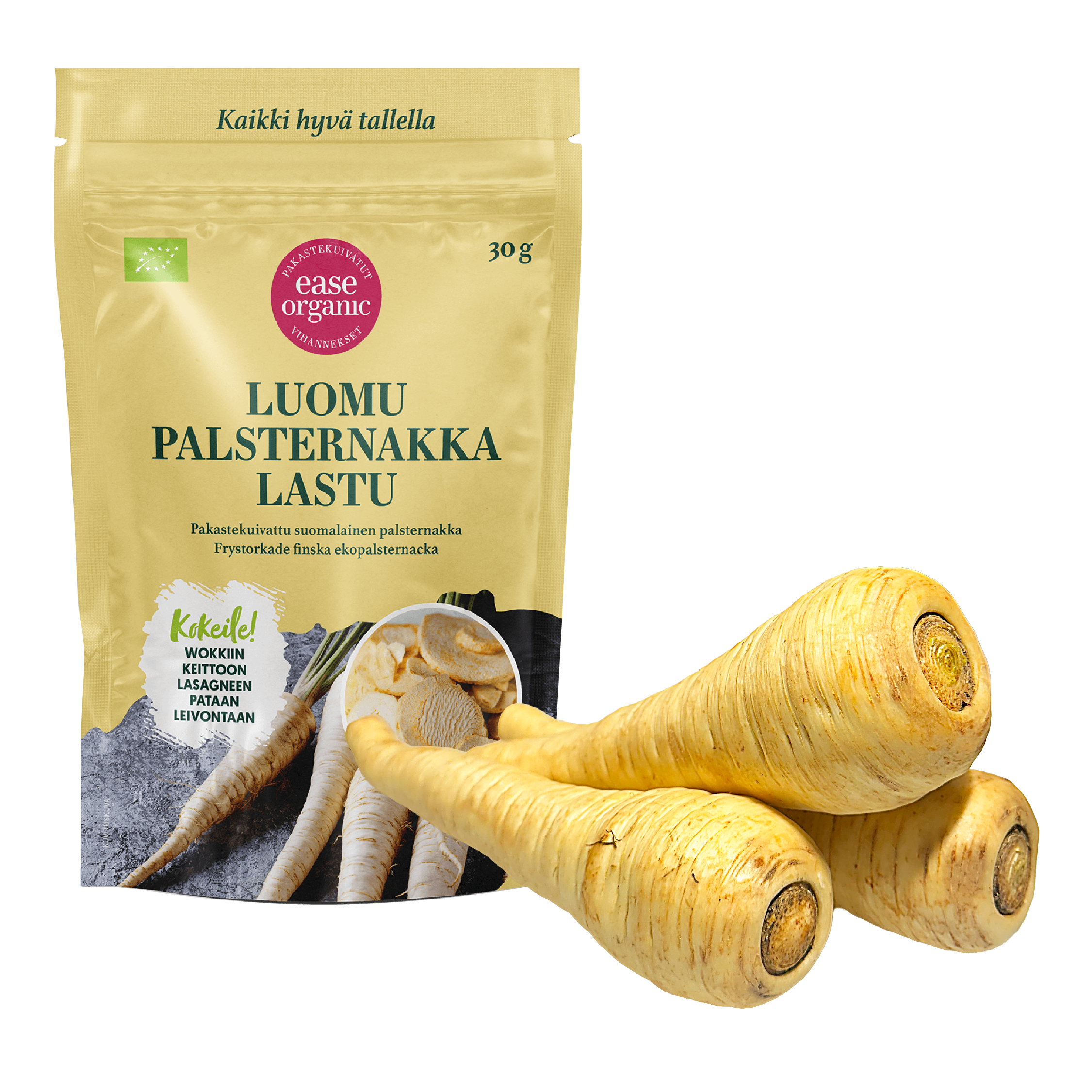 pakastekuivattu luomupalsternakkalastu ja tuore palsternakka